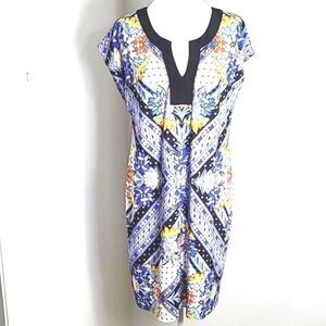 Laundry by Shelli Segal Blue & Yellow Floral Dress with Black Trim, Size Medium